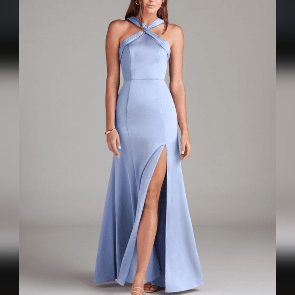 Azazie Rue A Line Pleated Stretch Satin Ice Blue Bridesmaids Dress